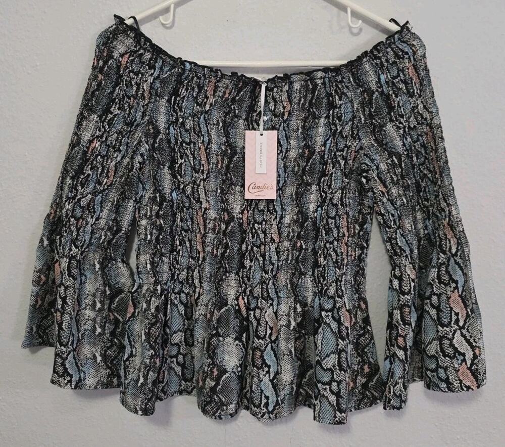 Candie's Snake Print Top Women Off Shoulder Pink Blue Black White Flare Sleeve M